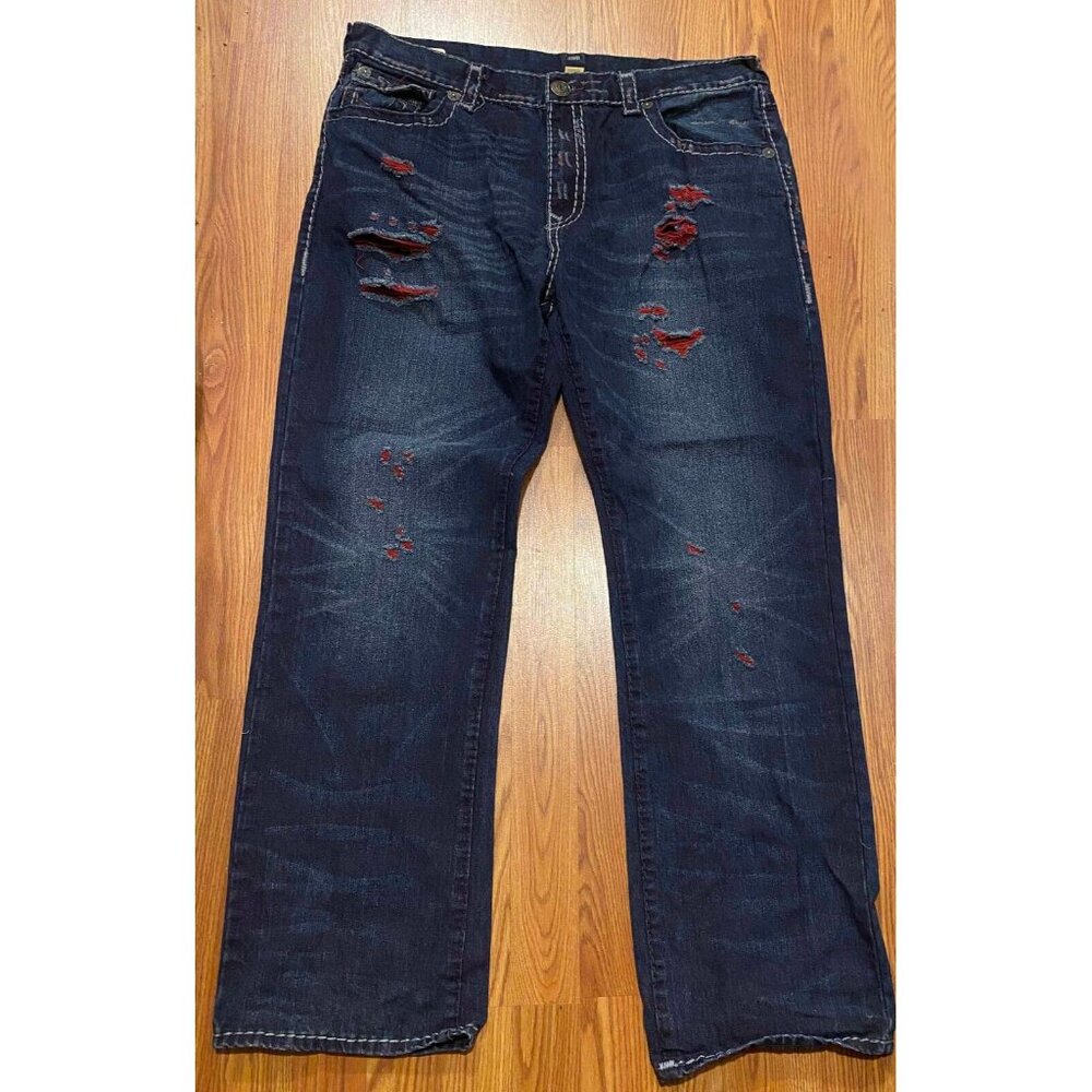 True Religion Ricky SUPER T Straight Jeans Mens 42 33" Blue Distressed Pants Y2K